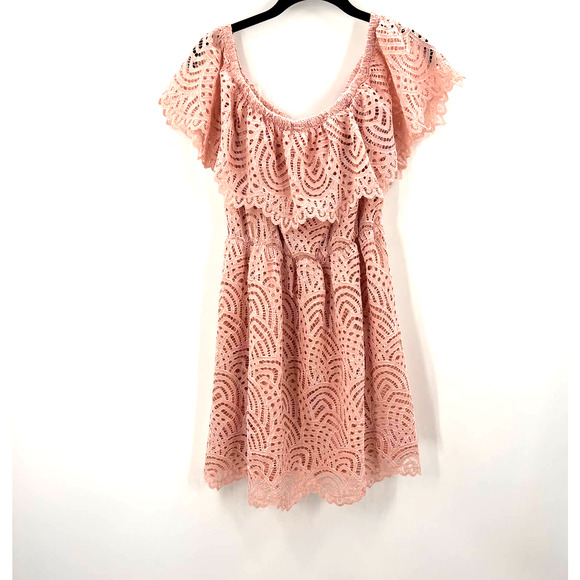 Trac Light Pink Lace Off Shoulder Sweetheart Neckline Mini Dress Layered Small - Picture 1 of 7